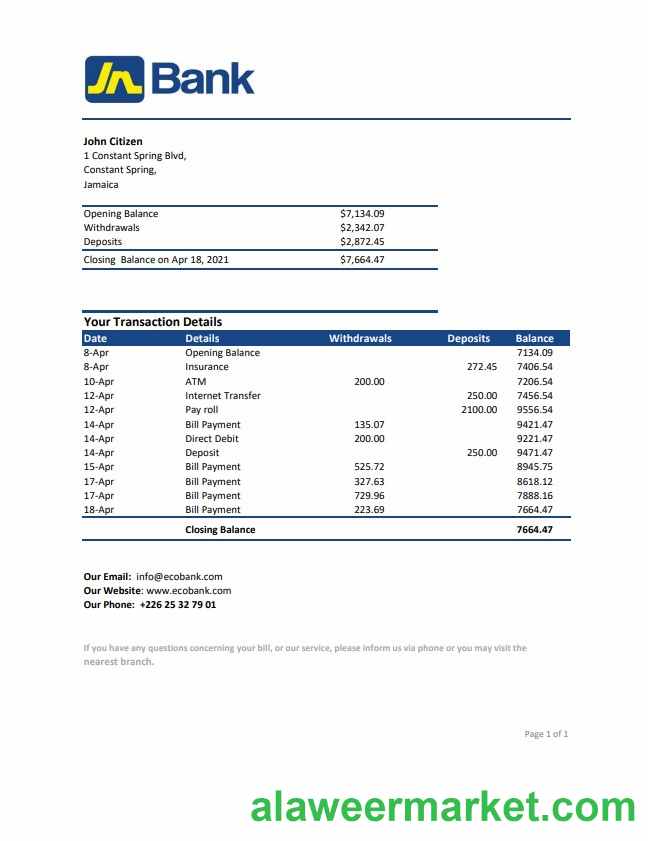 Jamaica National Bank statement easy to fill template in .xls and .pdf file format